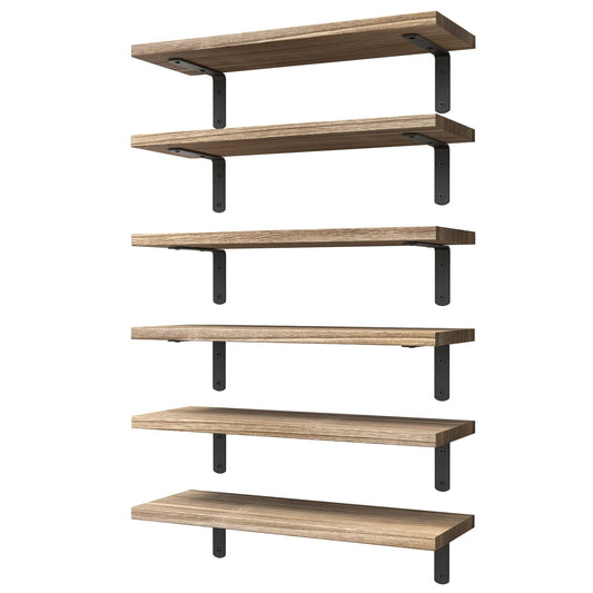 WOPITUES Floating Shelves Set of 6 for Wall Decor & Storage, Rustic Brown