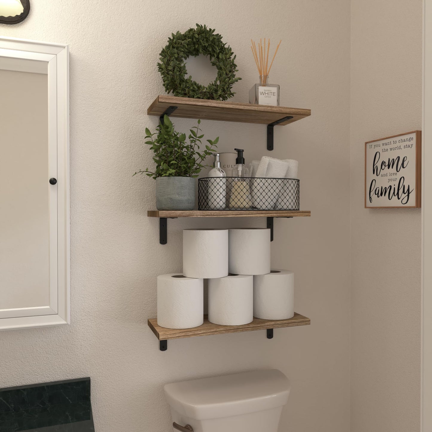 WOPITUES Floating Shelves Set of 6 for Wall Decor & Storage, Rustic Brown