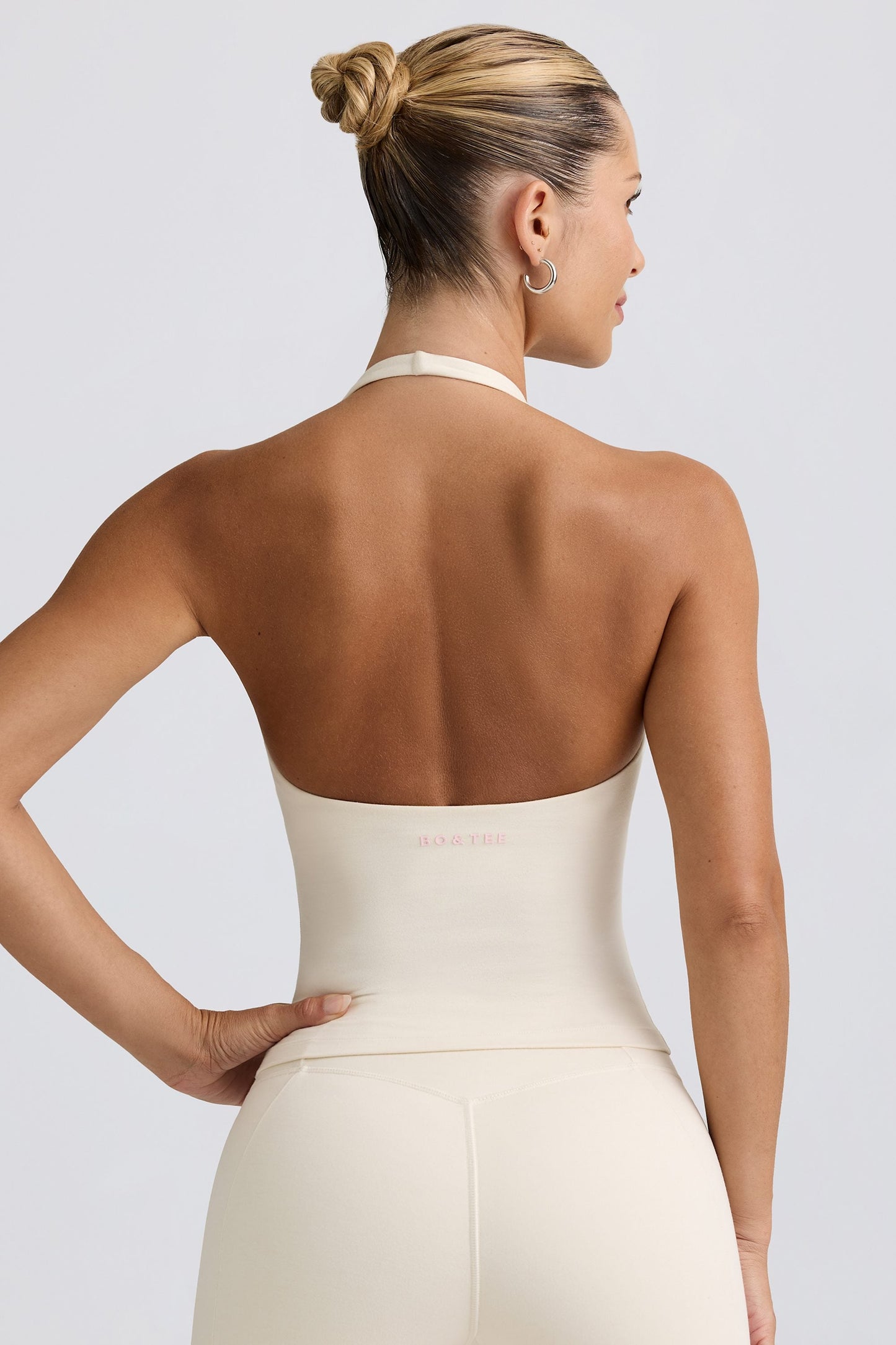 Halterneck Open-Back Tank Top in Ivory Marl