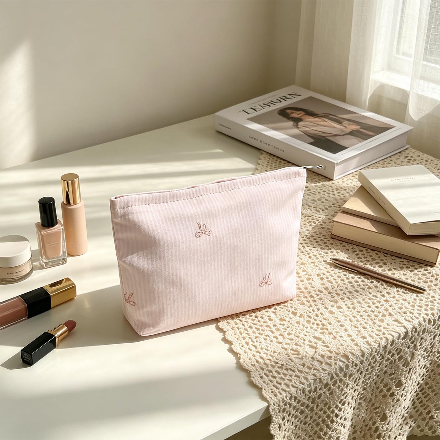 Wudygirl 2 Pcs Travel Makeup Bag Pink Striped Bow