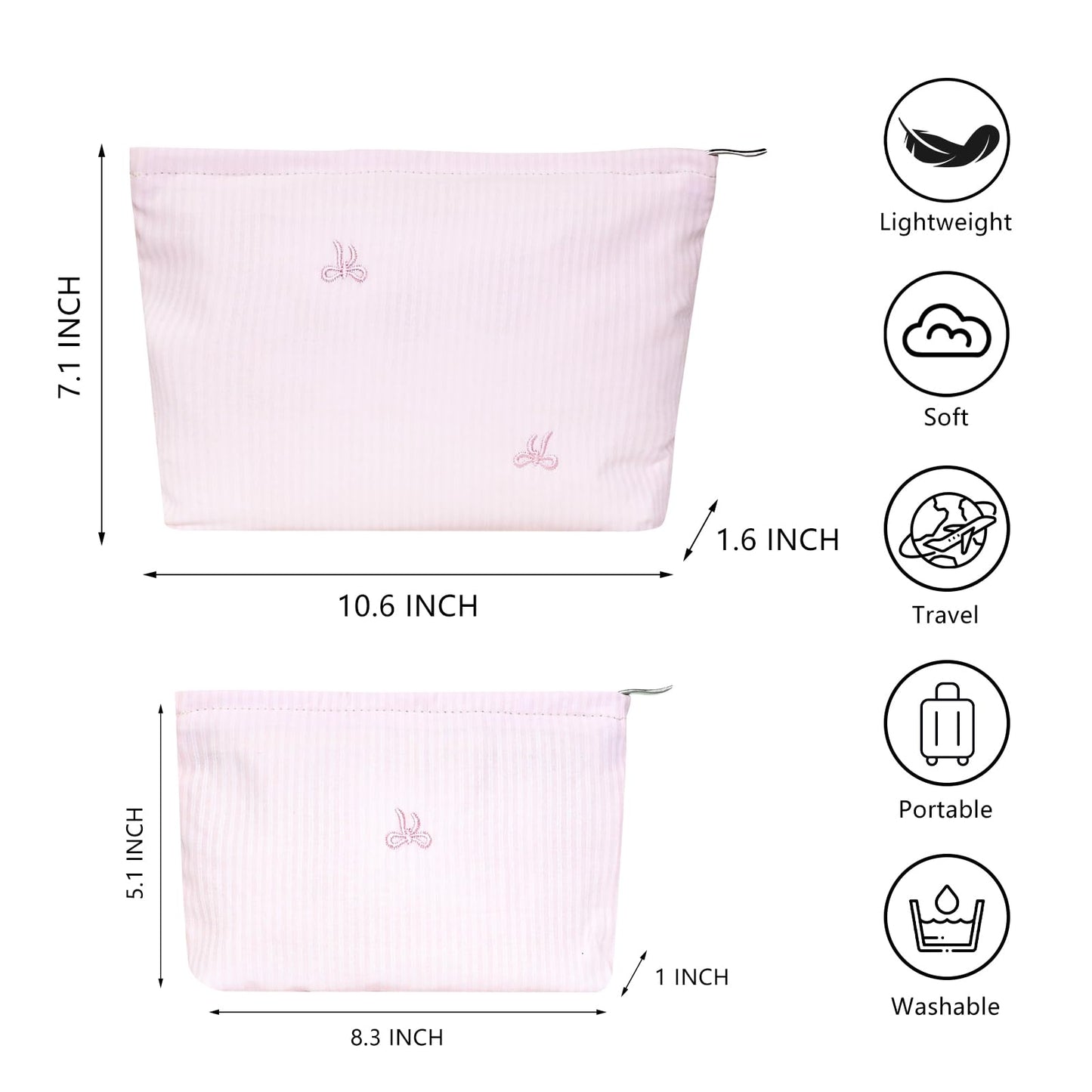 Wudygirl 2 Pcs Travel Makeup Bag Pink Striped Bow