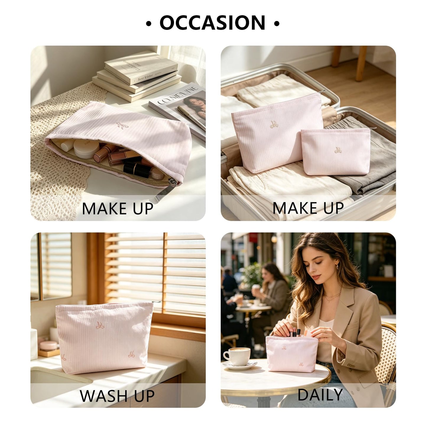 Wudygirl 2 Pcs Travel Makeup Bag Pink Striped Bow