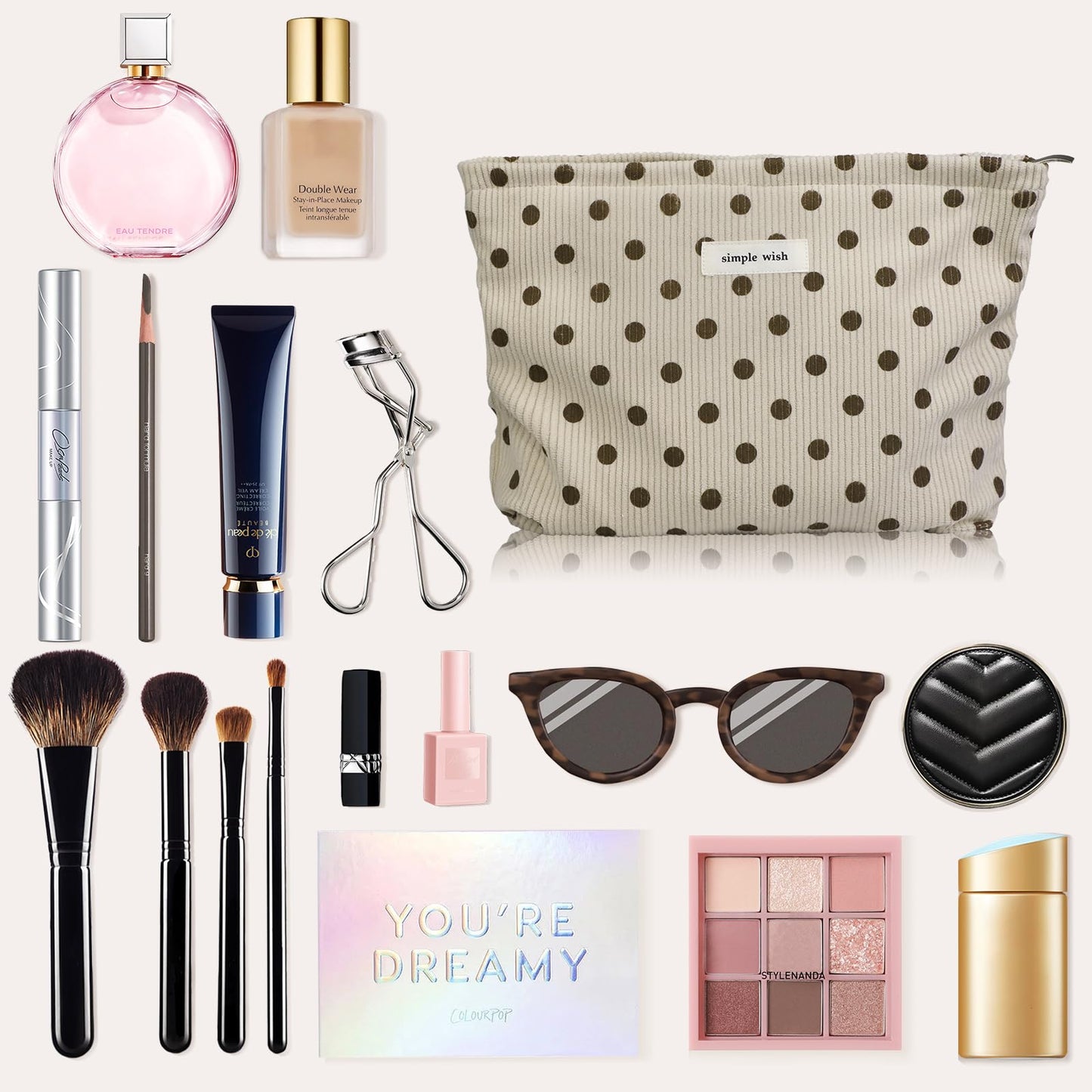Wudygirl Makeup Bag for Women Travel Cosmetic Bag 10.5"x7.5" Beige Dot
