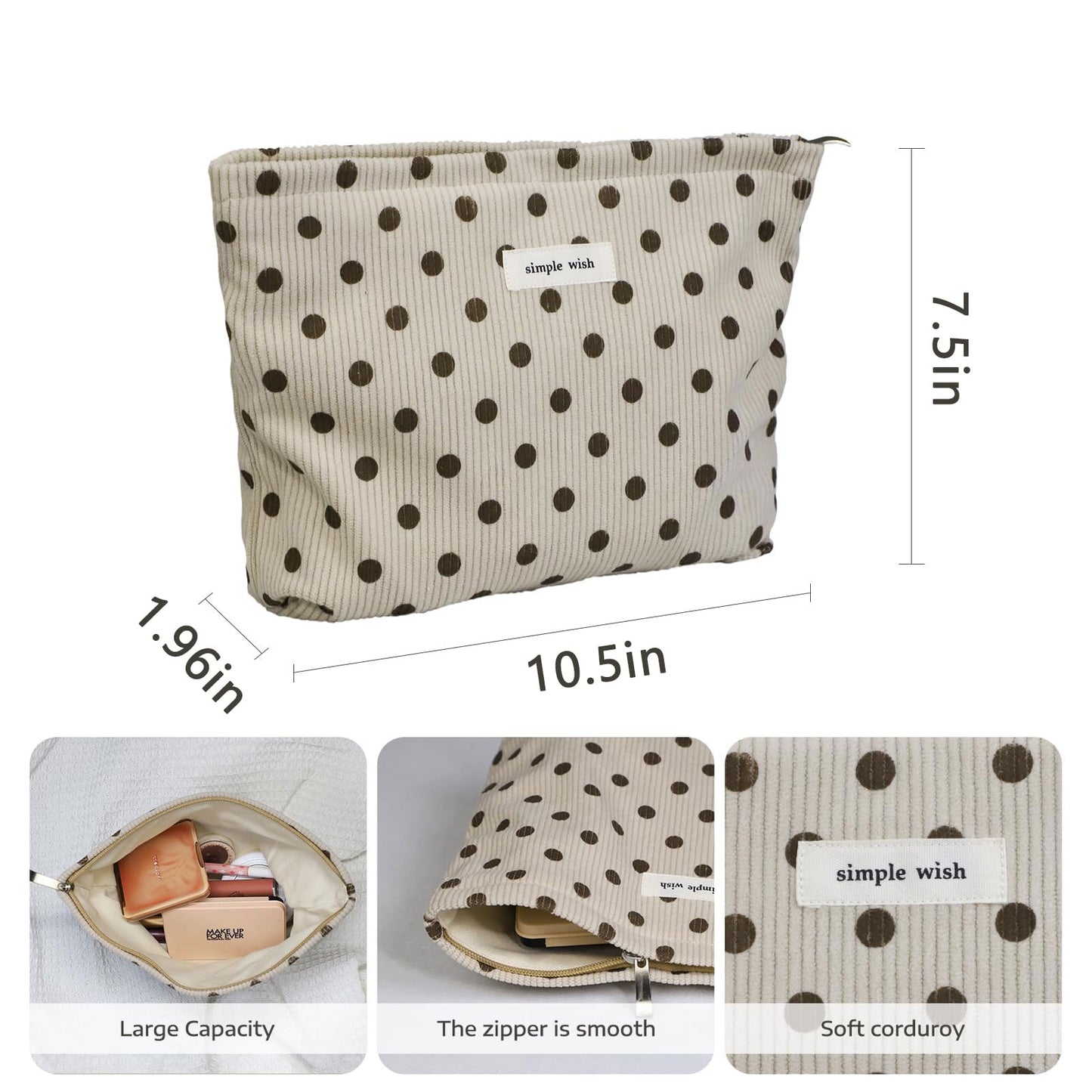 Wudygirl Makeup Bag for Women Travel Cosmetic Bag 10.5"x7.5" Beige Dot