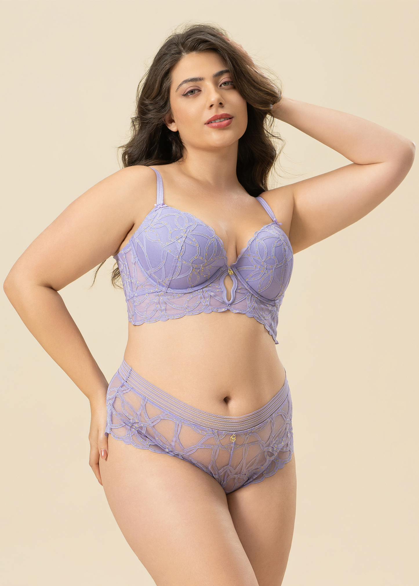 XIMENA Plus Purple Lace Gold Thread Push-Up Underwired Demi Long Bra