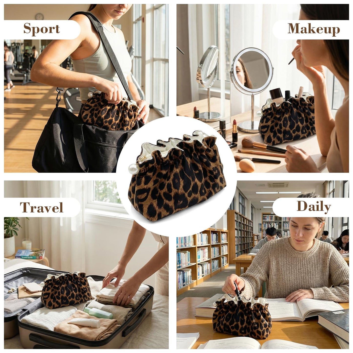 Xllhjg Leopard Makeup Bag for Women Girls,Cute Cheetah Travel Toiletry Cosmetic Bags,Aesthetic Make Up Bag Portable Zipper Skincare Storage Organizer Pouch with Pearl Decoration