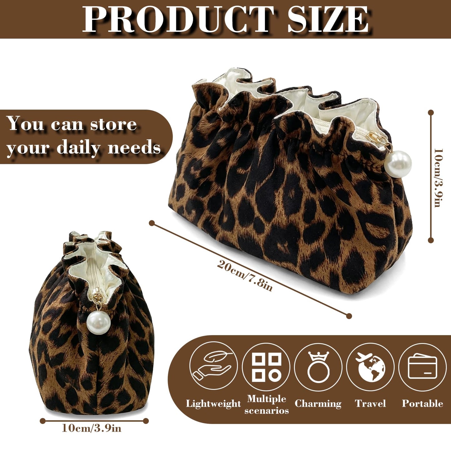 Xllhjg Leopard Makeup Bag for Women Girls,Cute Cheetah Travel Toiletry Cosmetic Bags,Aesthetic Make Up Bag Portable Zipper Skincare Storage Organizer Pouch with Pearl Decoration