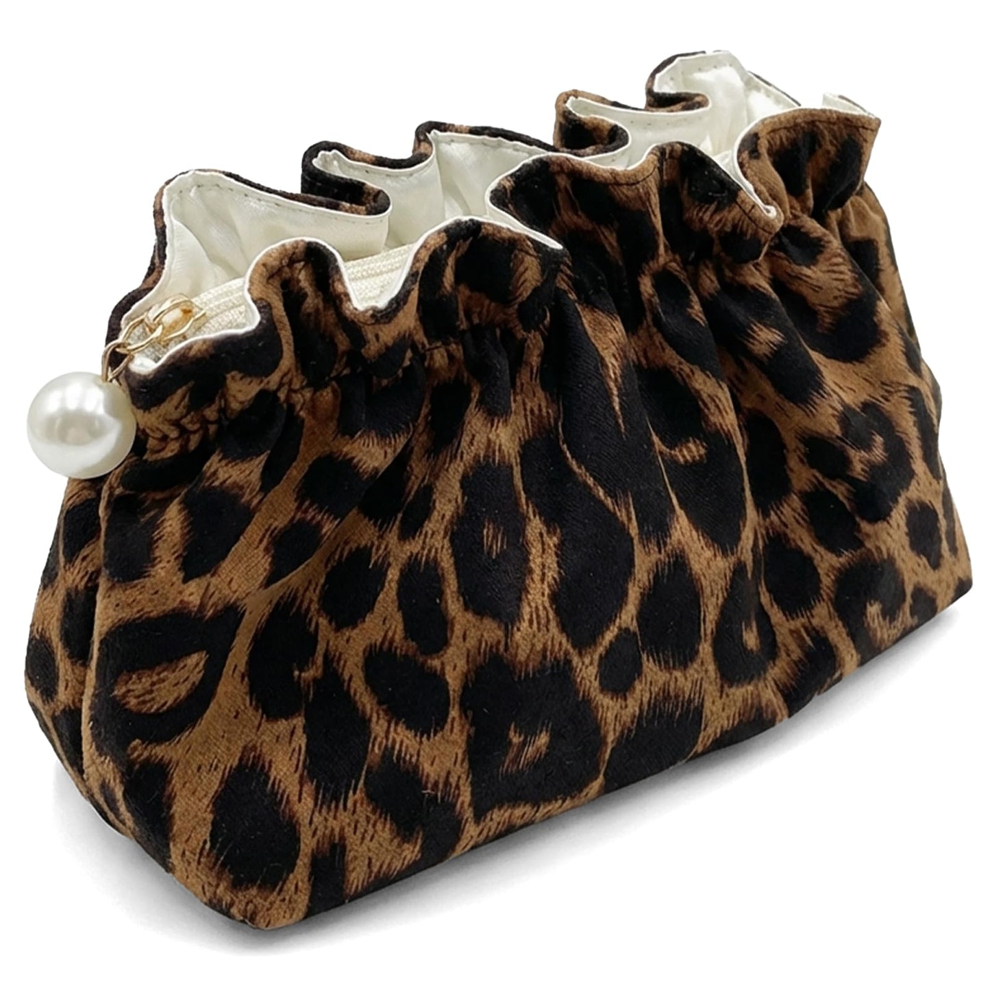 Xllhjg Leopard Makeup Bag for Women Girls,Cute Cheetah Travel Toiletry Cosmetic Bags,Aesthetic Make Up Bag Portable Zipper Skincare Storage Organizer Pouch with Pearl Decoration