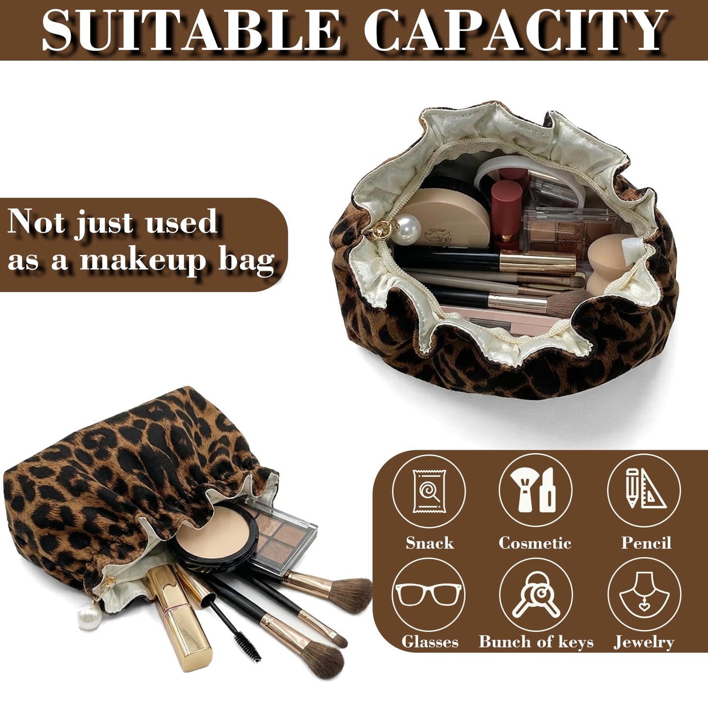 Xllhjg Leopard Makeup Bag for Women Girls,Cute Cheetah Travel Toiletry Cosmetic Bags,Aesthetic Make Up Bag Portable Zipper Skincare Storage Organizer Pouch with Pearl Decoration