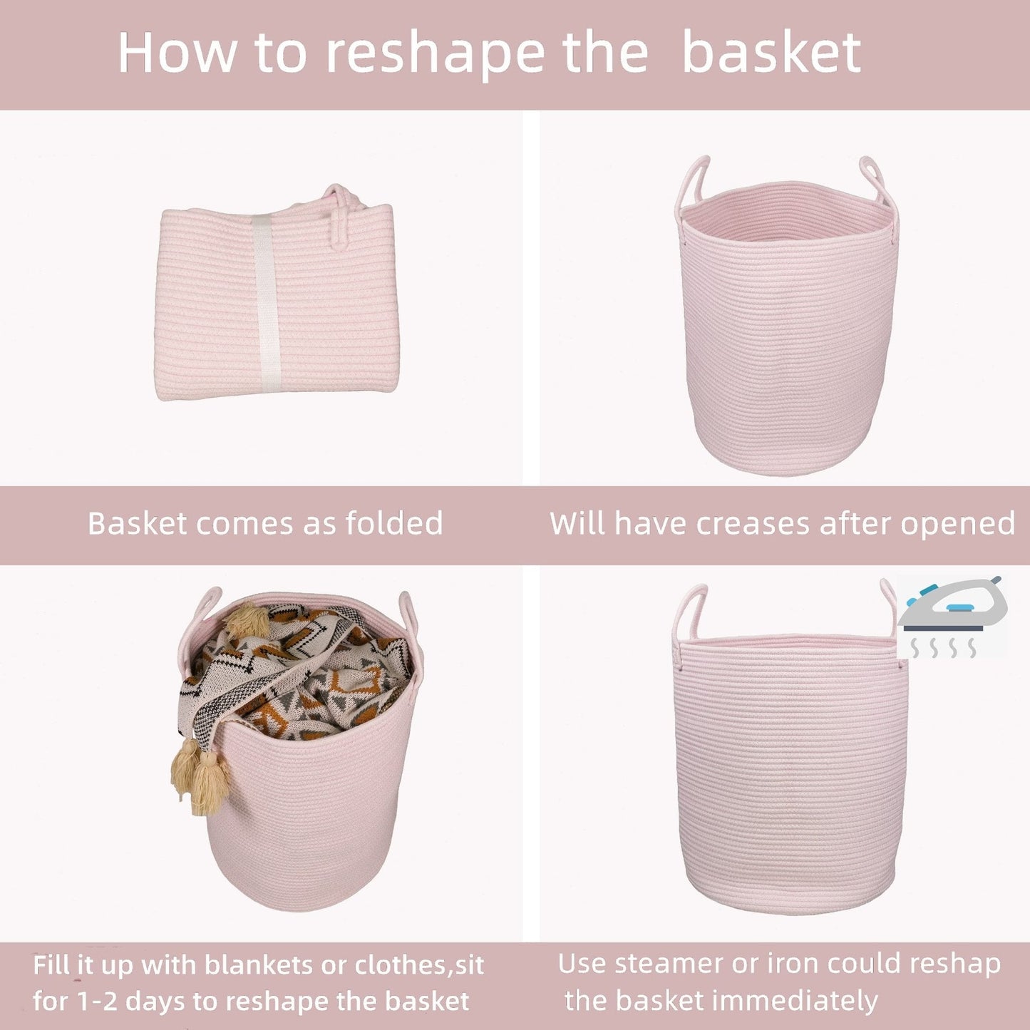 XUANGUO Cotton Rope Laundry Basket Hamper for Girls Kids Baby Nursery Pink