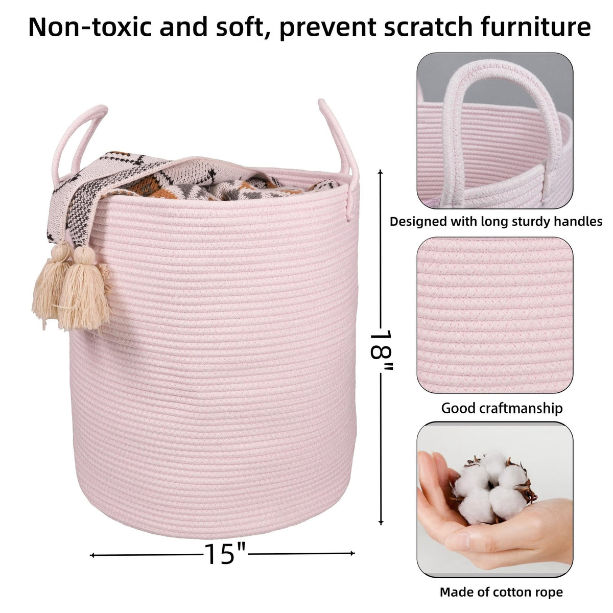 XUANGUO Cotton Rope Laundry Basket Hamper for Girls Kids Baby Nursery Pink