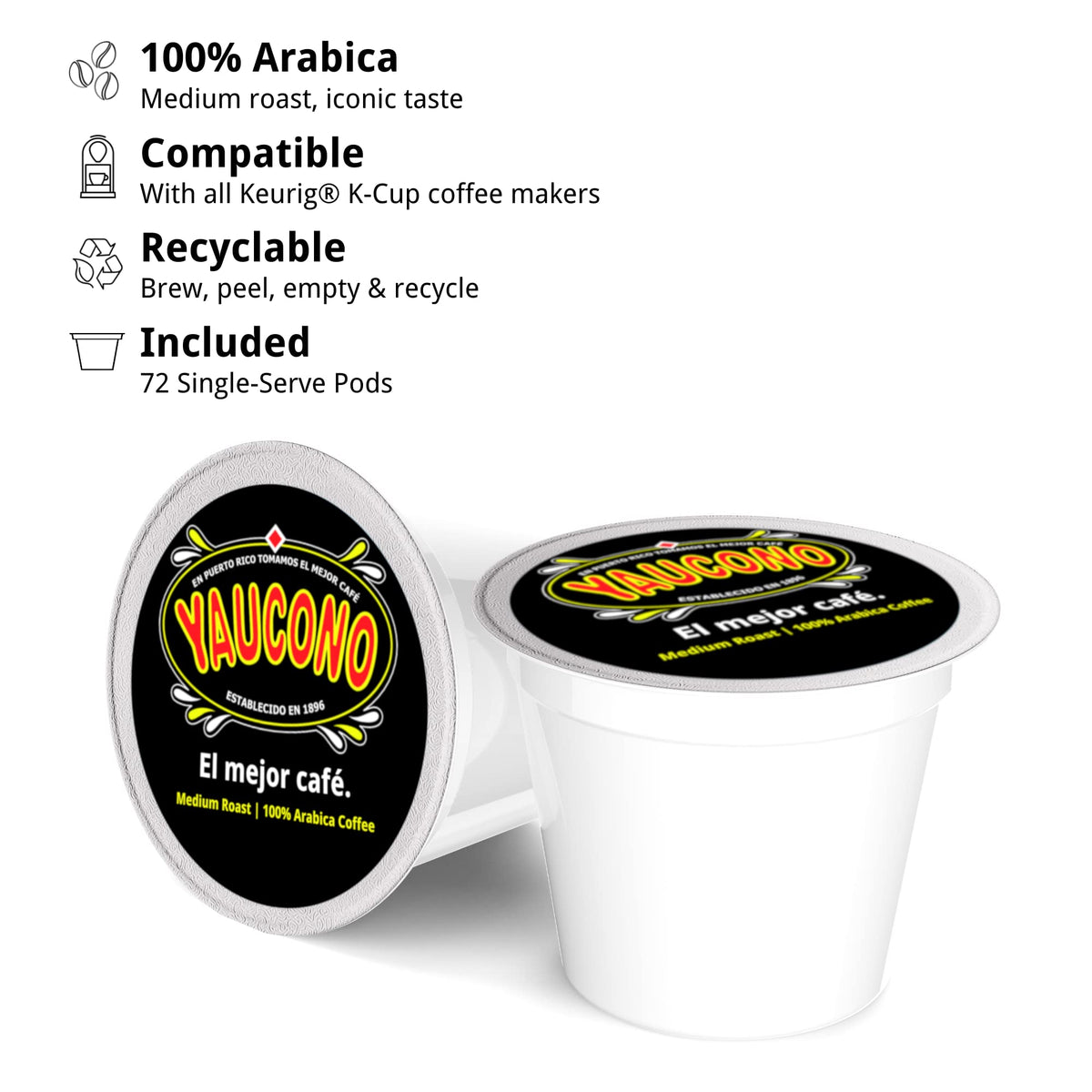 Yaucono Ground Medium Roast Arabica Coffee Pods — 72 Count, Keurig Compatible