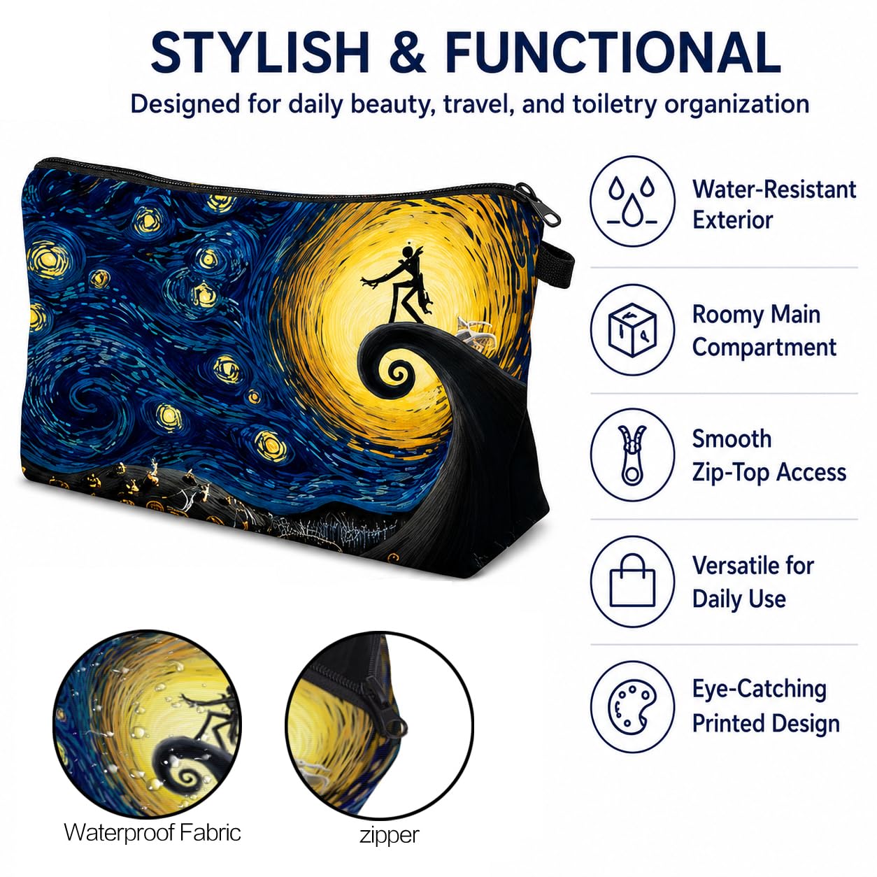 Yindess Night Before Christmas Gift Small Makeup Bag, Waterproof Polyester Cosmetic Pouch for Women, Lightweight Zipper Organizer for Purse and Travel,Nightmare Gift
