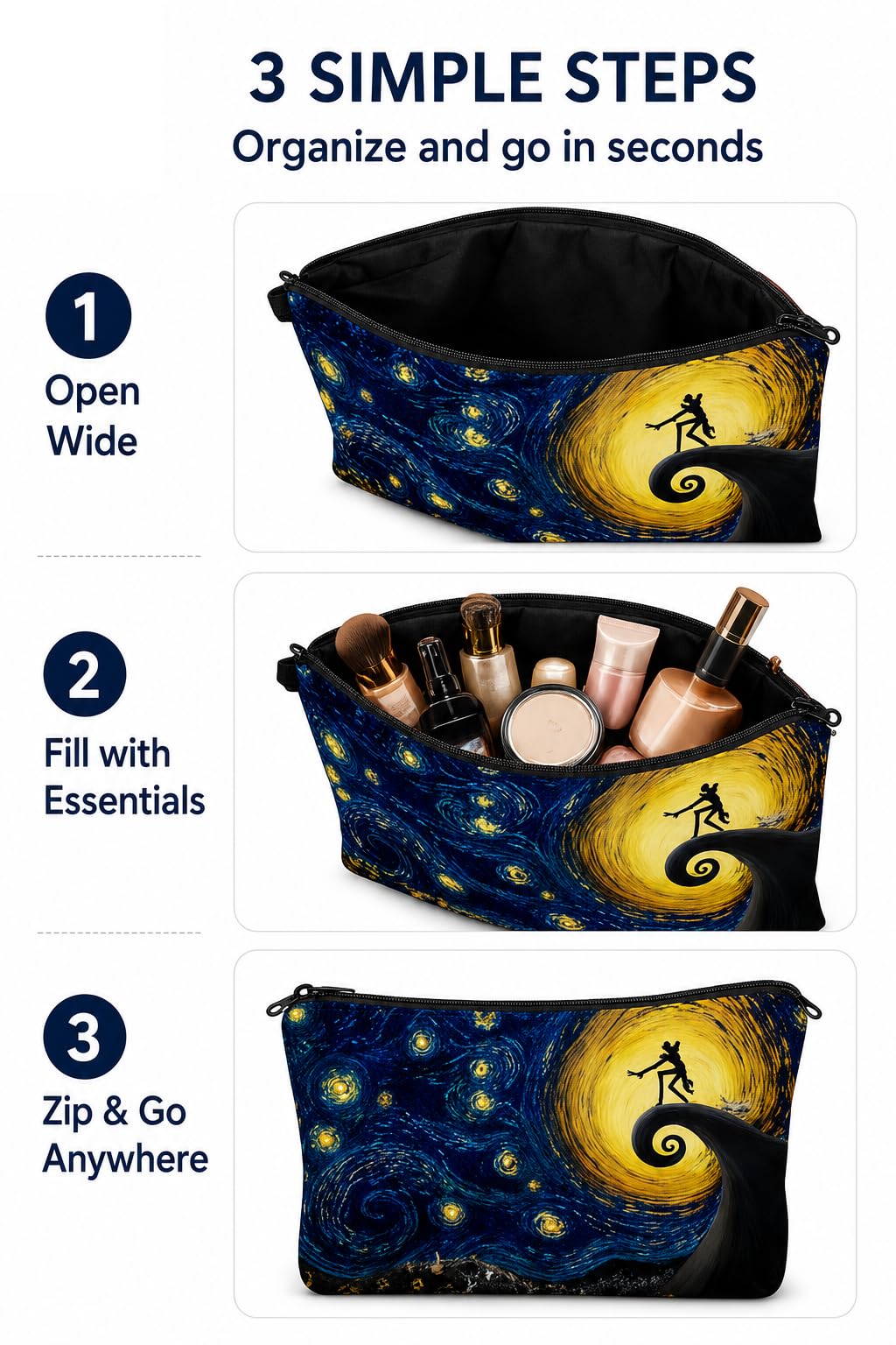 Yindess Night Before Christmas Gift Small Makeup Bag, Waterproof Polyester Cosmetic Pouch for Women, Lightweight Zipper Organizer for Purse and Travel,Nightmare Gift