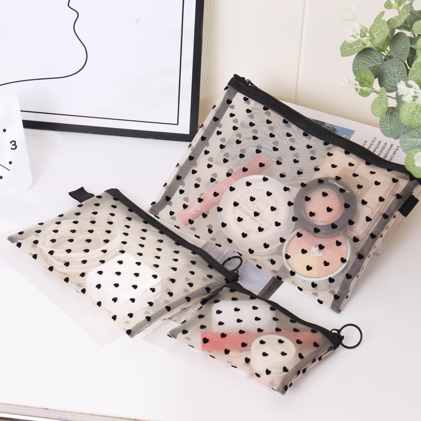 Ymcafmo 6-Piece Heart Printed Mesh Makeup Bag Set – Small Pouches for Purse, Mesh Pouch, Pouches for Inside Purse, Pouch for Bags with Zipper（Beige）