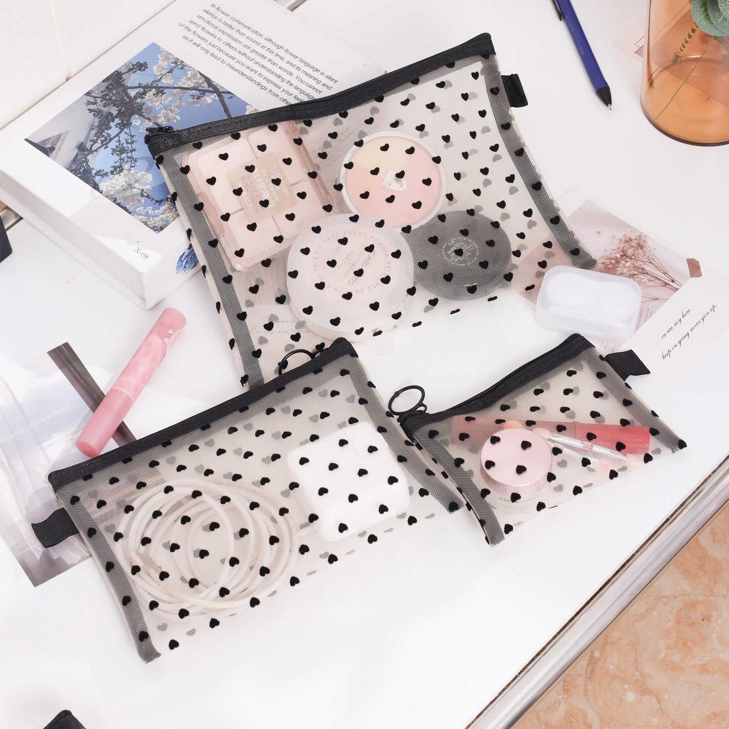 Ymcafmo 6-Piece Heart Printed Mesh Makeup Bag Set – Small Pouches for Purse, Mesh Pouch, Pouches for Inside Purse, Pouch for Bags with Zipper（Beige）