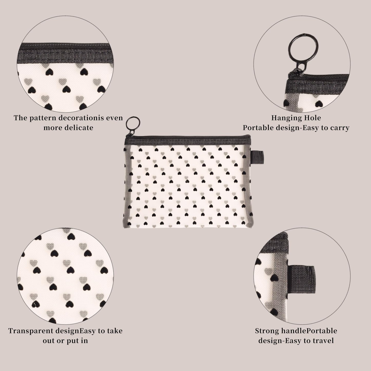 Ymcafmo 6-Piece Heart Printed Mesh Makeup Bag Set – Small Pouches for Purse, Mesh Pouch, Pouches for Inside Purse, Pouch for Bags with Zipper（Beige）