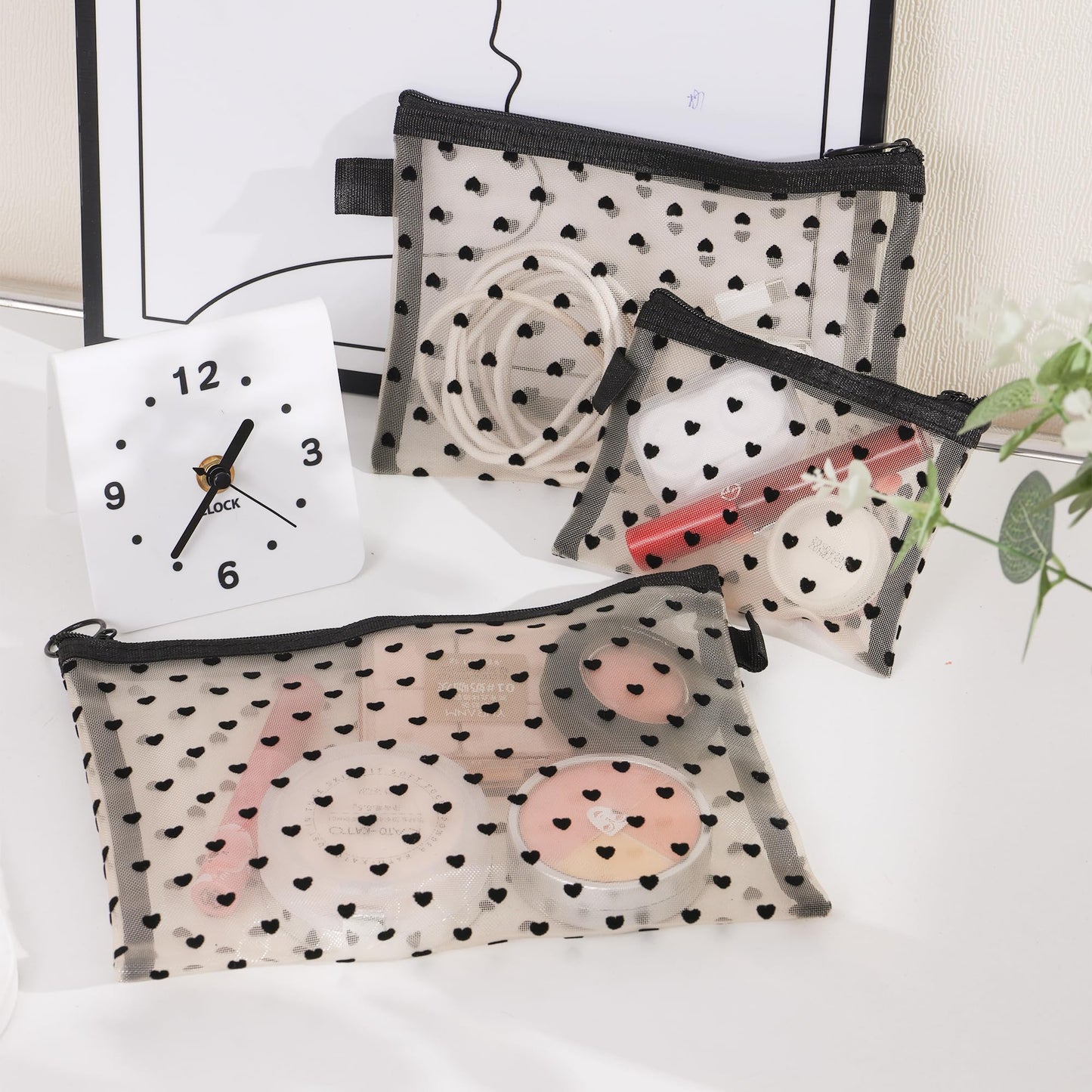 Ymcafmo 6-Piece Heart Printed Mesh Makeup Bag Set – Small Pouches for Purse, Mesh Pouch, Pouches for Inside Purse, Pouch for Bags with Zipper（Beige）
