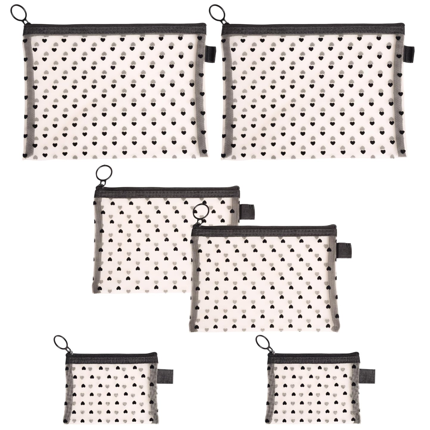 Ymcafmo 6-Piece Heart Printed Mesh Makeup Bag Set – Small Pouches for Purse, Mesh Pouch, Pouches for Inside Purse, Pouch for Bags with Zipper（Beige）