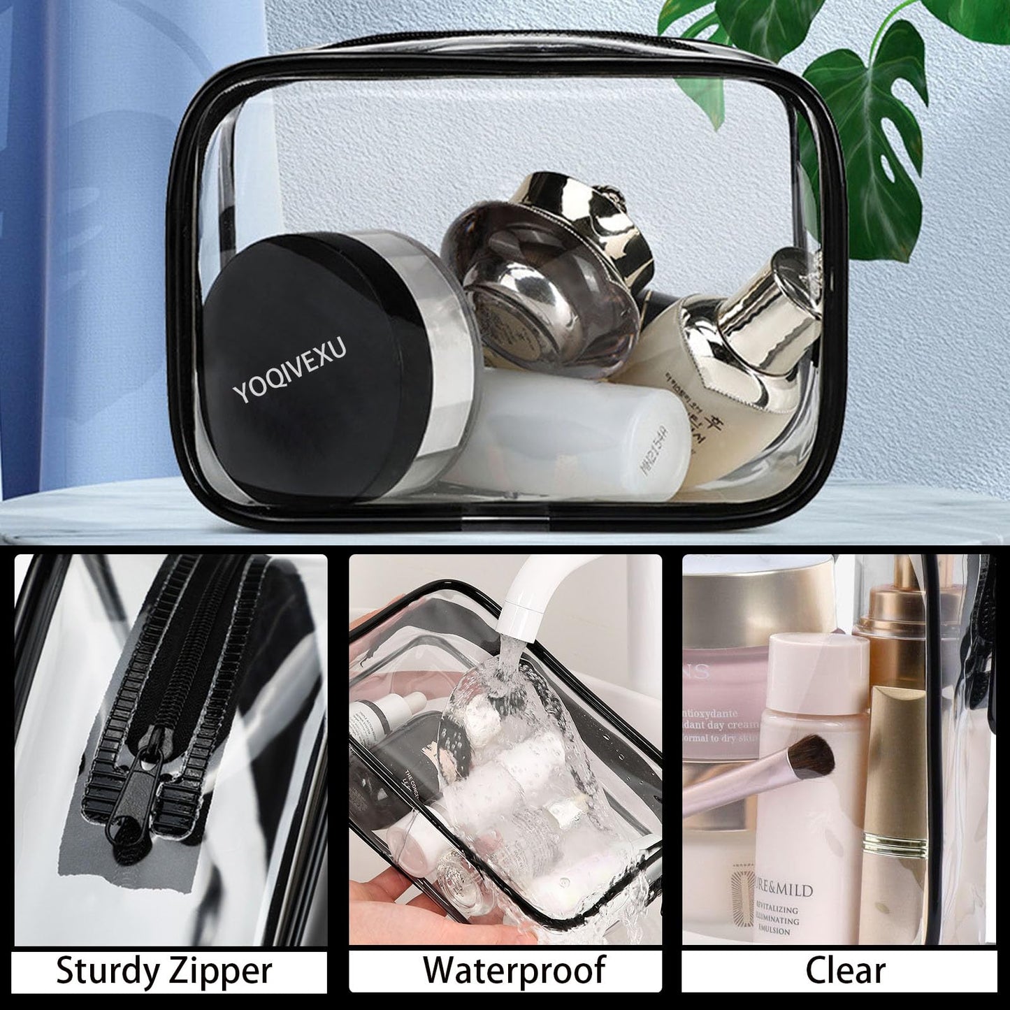 YOQIVEXU 6 Pieces Clear Cosmetics Bag Bulk, TSA Approved Toiletry Bag for Travel, Zippered Clear Pouch Cosmetic Makeup Bag Waterproof Vinyl Plastic Organizer Case for Vacation Bathroom (Large)
