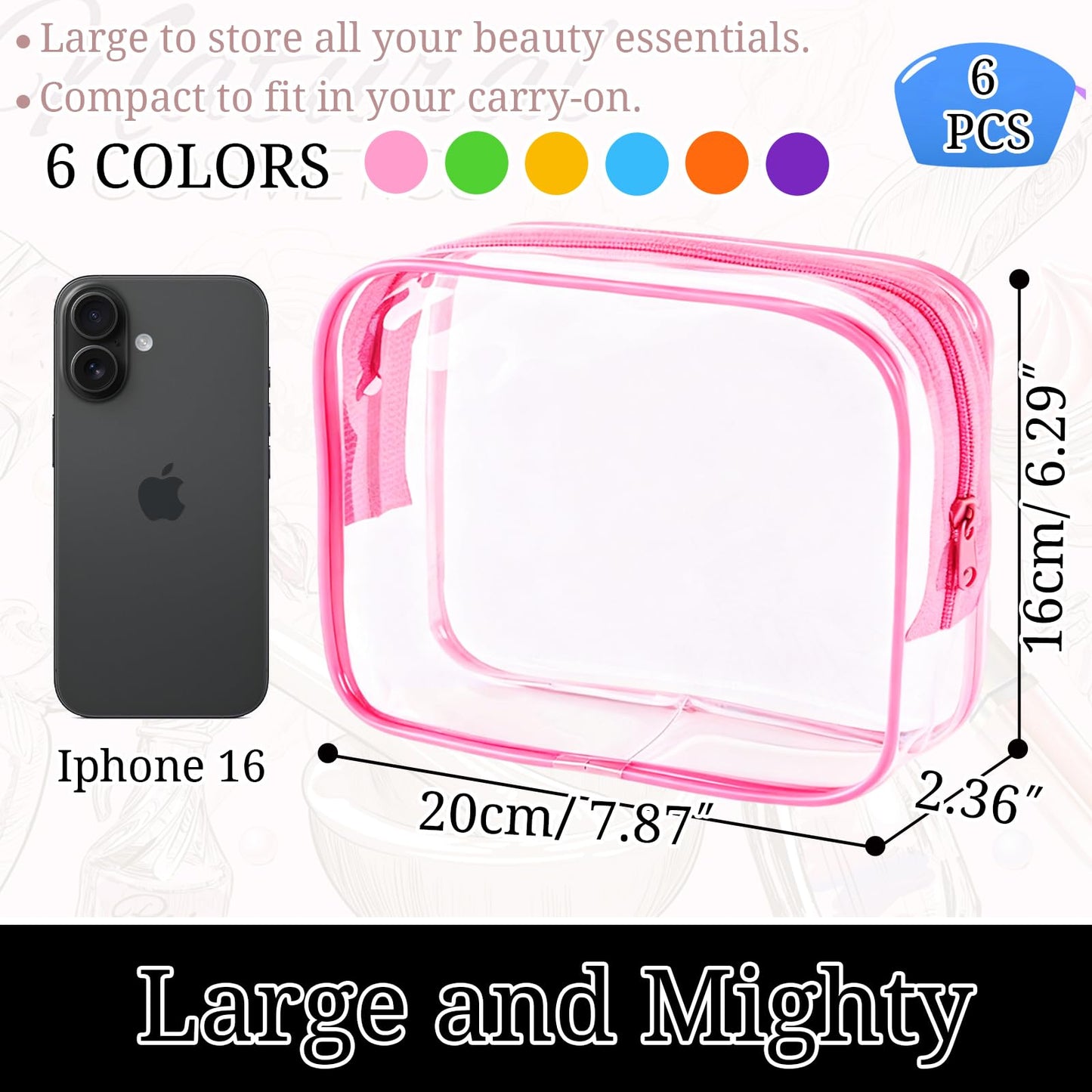 YOQIVEXU 6 Pieces Clear Makeup Bags Bulk, TSA Approved Toiletry Bag Clear Cosmetic Toiletries Pouch with Zipper, Waterproof Vinyl Plastic Organizer Case for for Women Carry-on Travel Essentials