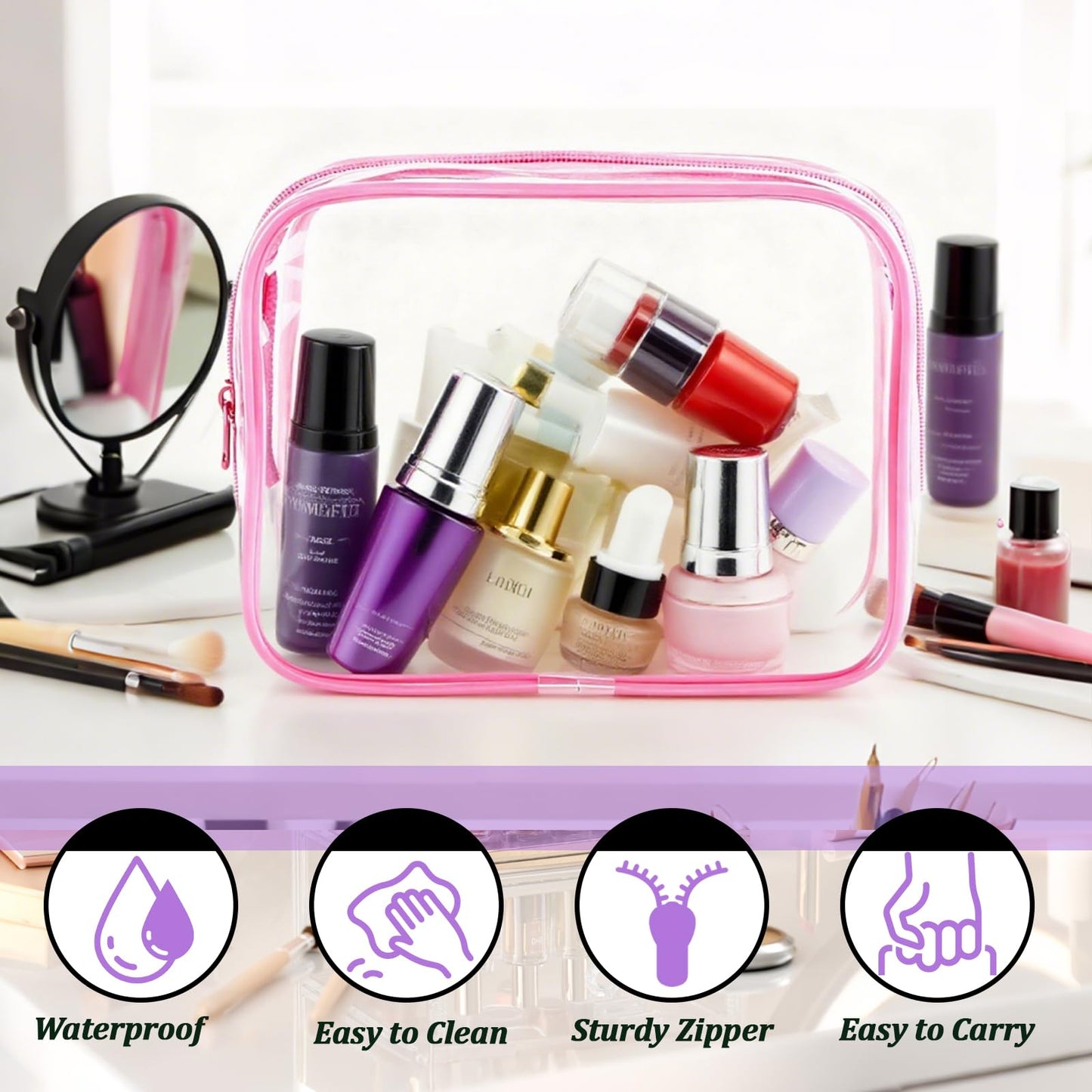 YOQIVEXU 6 Pieces Clear Makeup Bags Bulk, TSA Approved Toiletry Bag Clear Cosmetic Toiletries Pouch with Zipper, Waterproof Vinyl Plastic Organizer Case for for Women Carry-on Travel Essentials