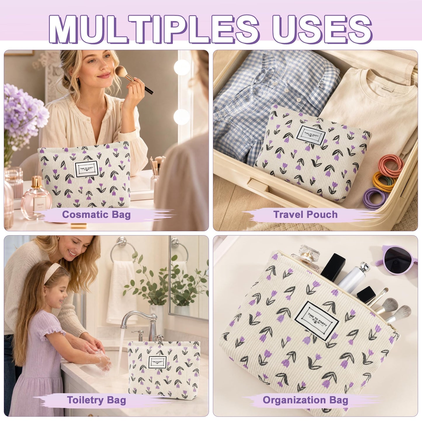 YURUGEAR Corduroy Cute Cosmetic Makeup Bag for Women Purple Floral