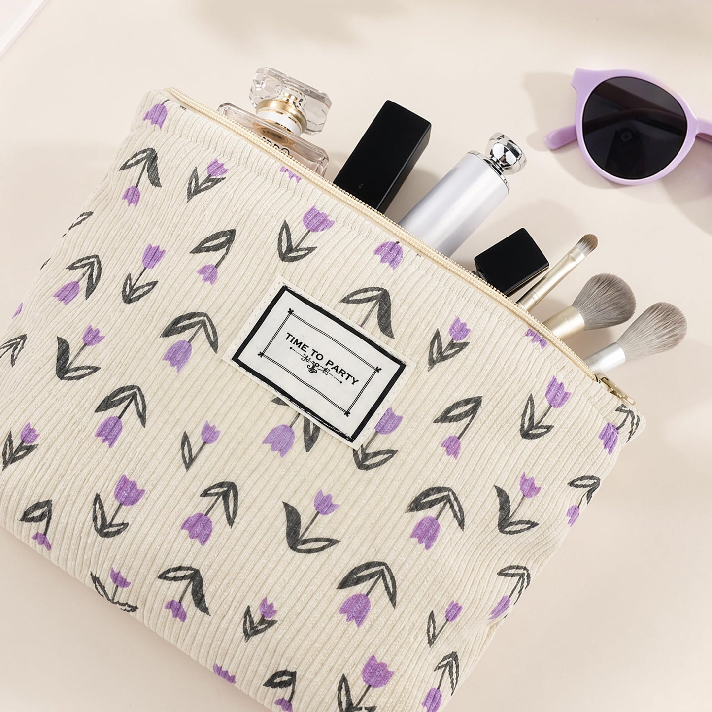 YURUGEAR Corduroy Cute Cosmetic Makeup Bag for Women Purple Floral