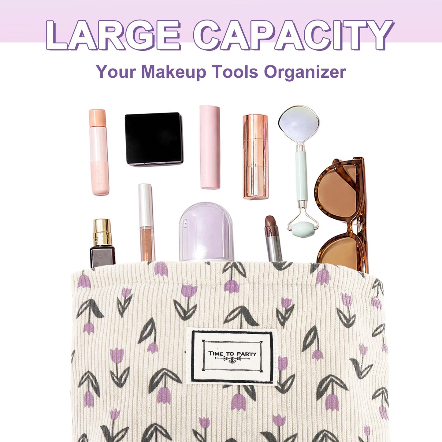 YURUGEAR Corduroy Cute Cosmetic Makeup Bag for Women Purple Floral