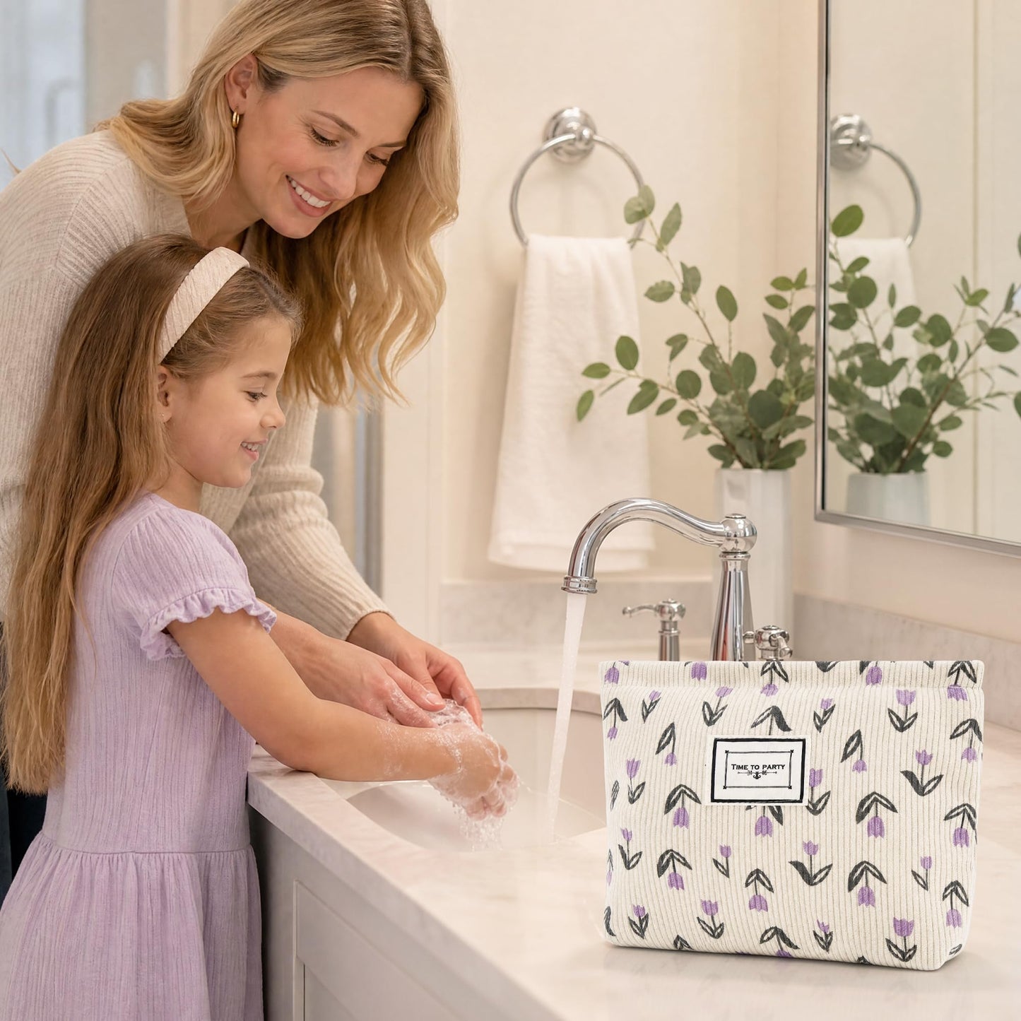 YURUGEAR Corduroy Cute Cosmetic Makeup Bag for Women Purple Floral