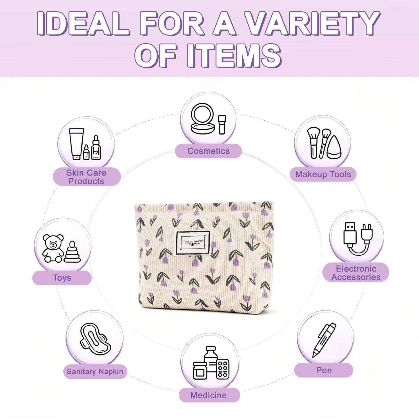 YURUGEAR Corduroy Cute Cosmetic Makeup Bag for Women Purple Floral