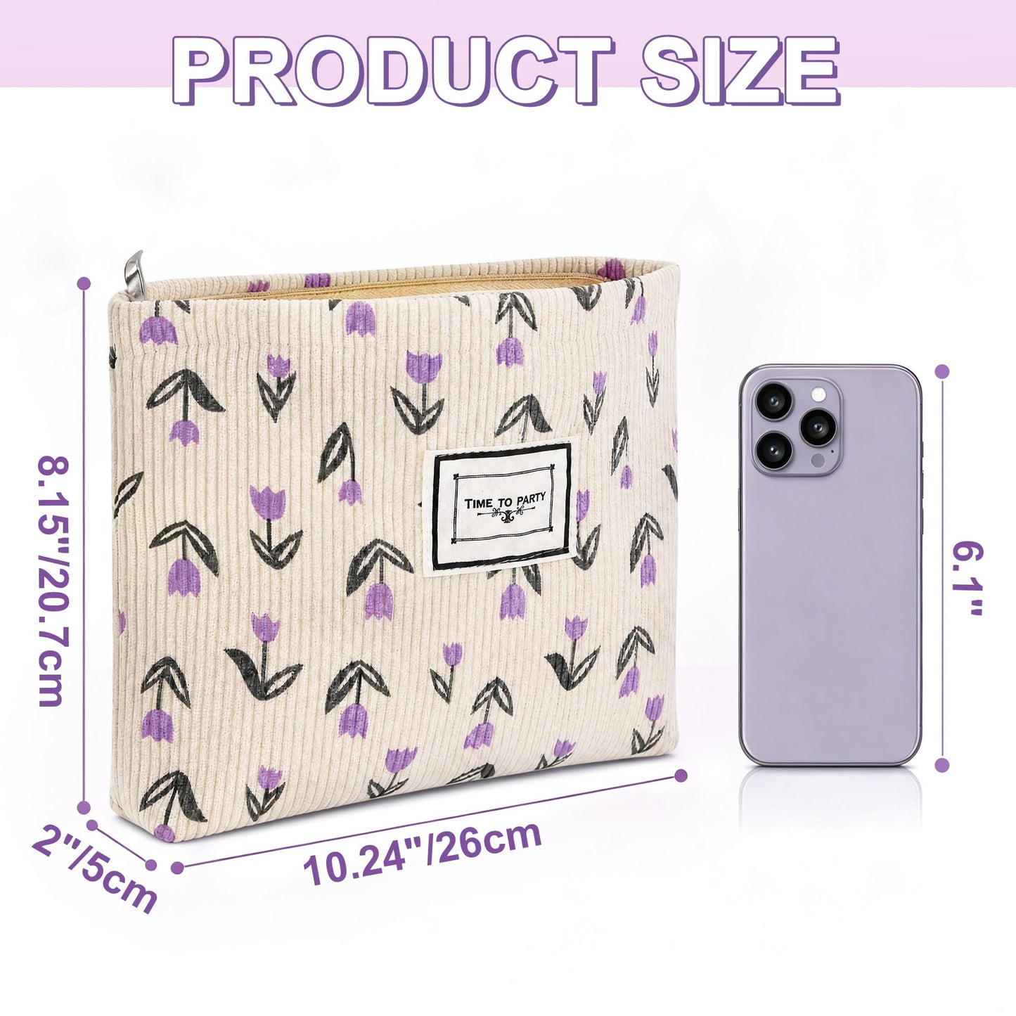 YURUGEAR Corduroy Cute Cosmetic Makeup Bag for Women Purple Floral