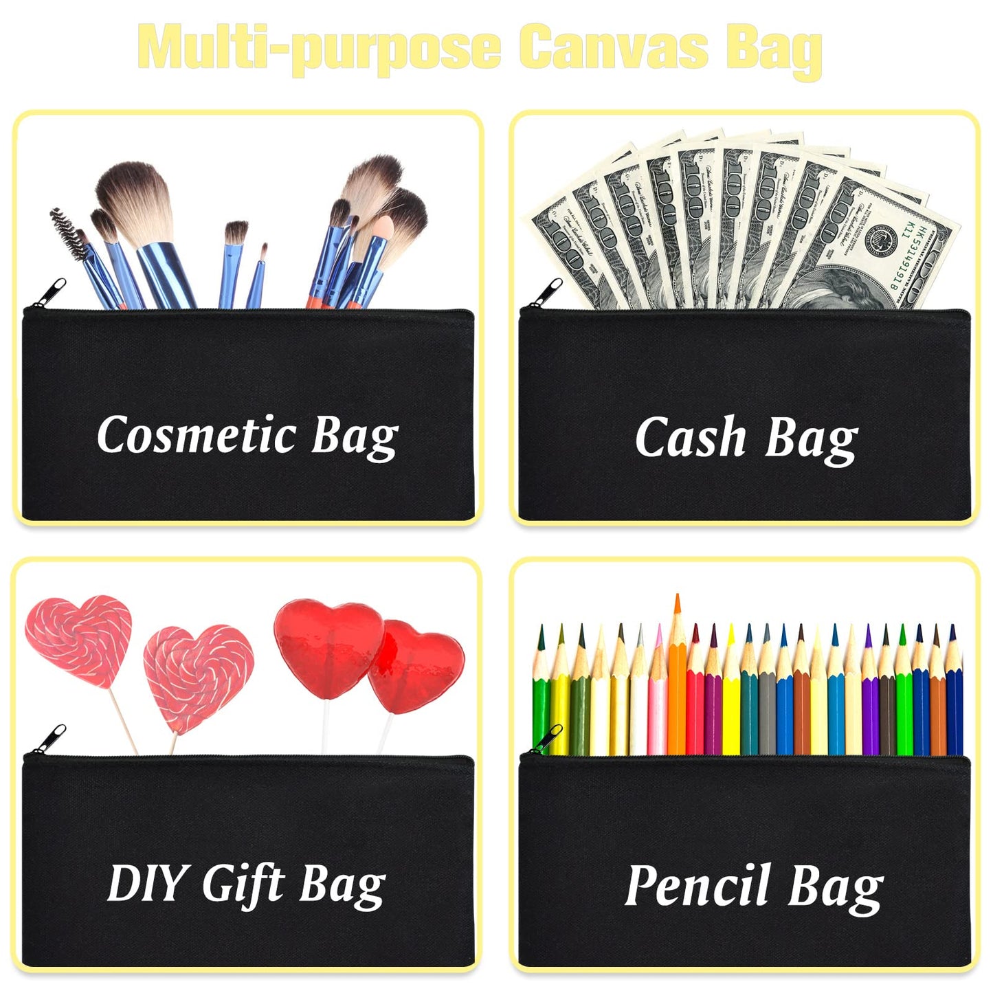 ZeeDix 8 Pack Small Canvas Zipper Pouch for Makeup Pencil Travel 8.3x5 In