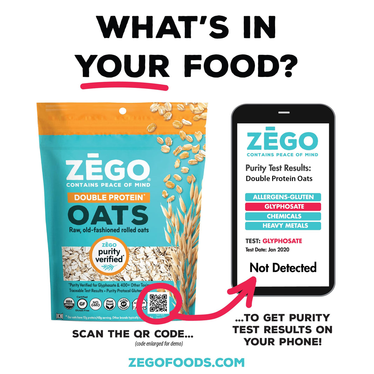 ZEGO Double Protein Raw Oats - Organic Gluten Free, Purity Protocol, Glyphosate Free | 14oz Bags x5 (70oz Total)