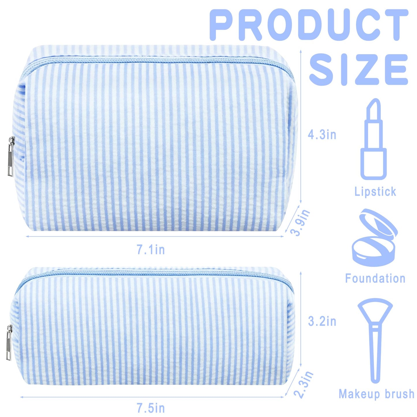 ZLFSRQ 2Pcs Striped Makeup Bag for Women Cozy Travel Cosmetic Bag Cute Aesthetic Blue Stripe Makeup Pouch for Purse Small Portable Pencil Pouch Preppy Pencil Case Zipper Skincare Storage Organizer