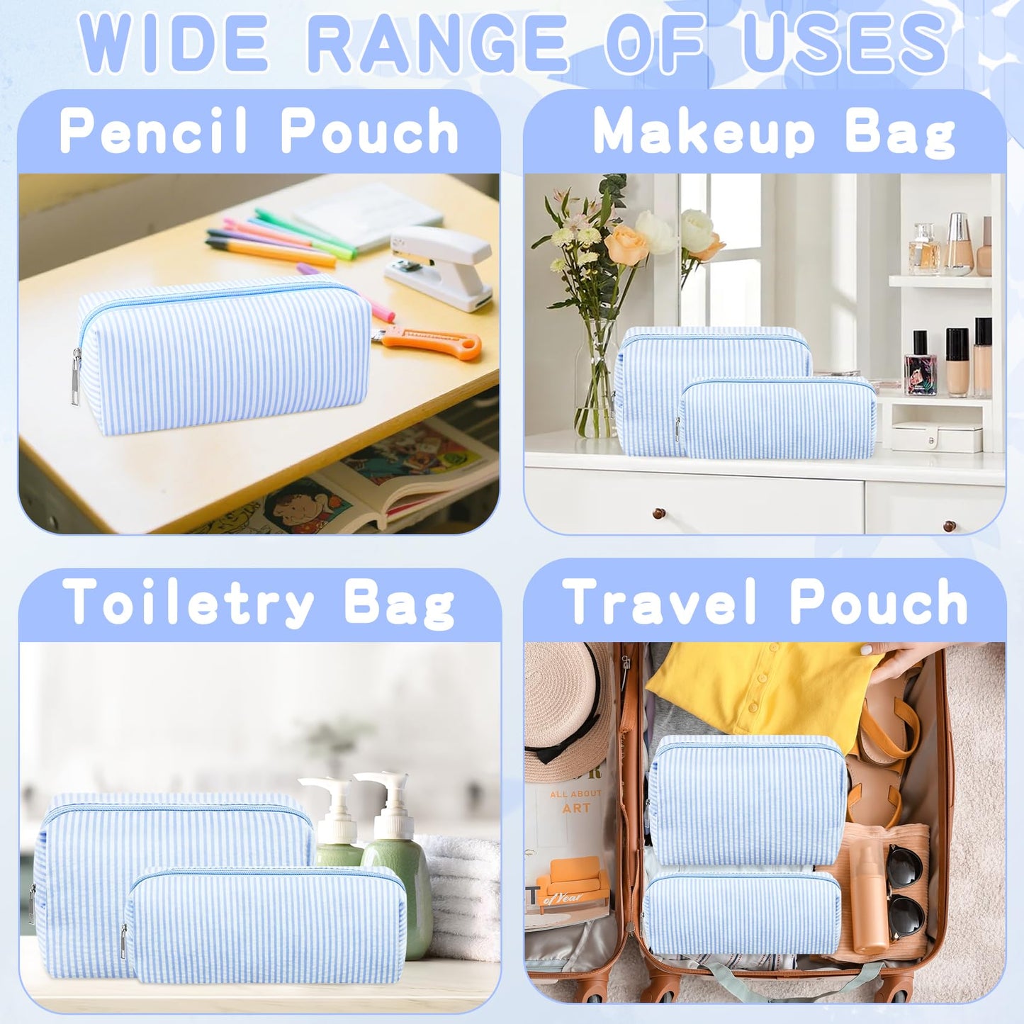 ZLFSRQ 2Pcs Striped Makeup Bag for Women Cozy Travel Cosmetic Bag Cute Aesthetic Blue Stripe Makeup Pouch for Purse Small Portable Pencil Pouch Preppy Pencil Case Zipper Skincare Storage Organizer
