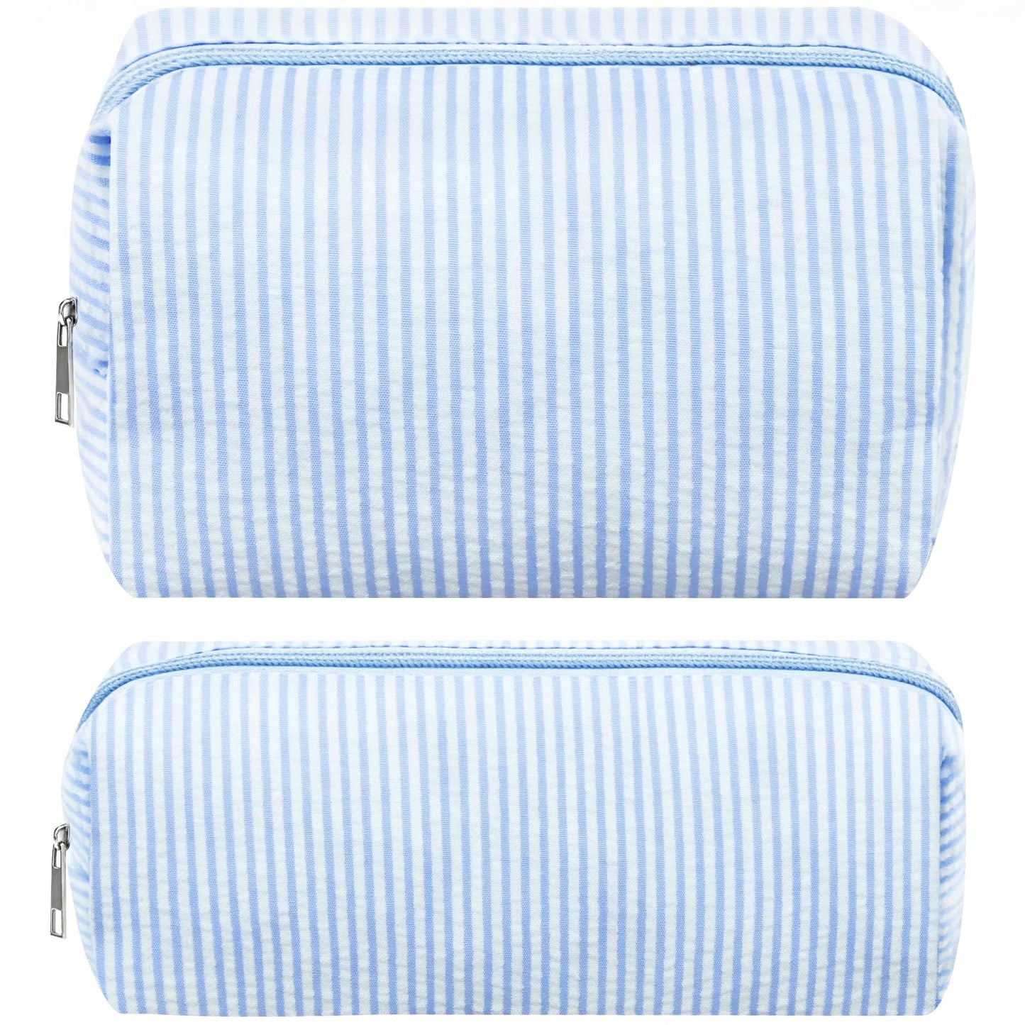 ZLFSRQ 2Pcs Striped Makeup Bag for Women Cozy Travel Cosmetic Bag Cute Aesthetic Blue Stripe Makeup Pouch for Purse Small Portable Pencil Pouch Preppy Pencil Case Zipper Skincare Storage Organizer