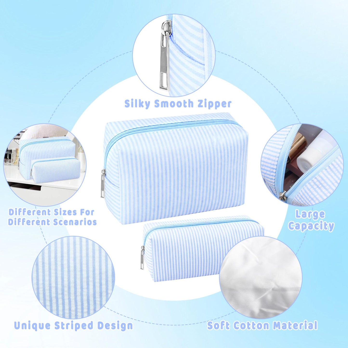 ZLFSRQ 2Pcs Striped Makeup Bag for Women Cozy Travel Cosmetic Bag Cute Aesthetic Blue Stripe Makeup Pouch for Purse Small Portable Pencil Pouch Preppy Pencil Case Zipper Skincare Storage Organizer
