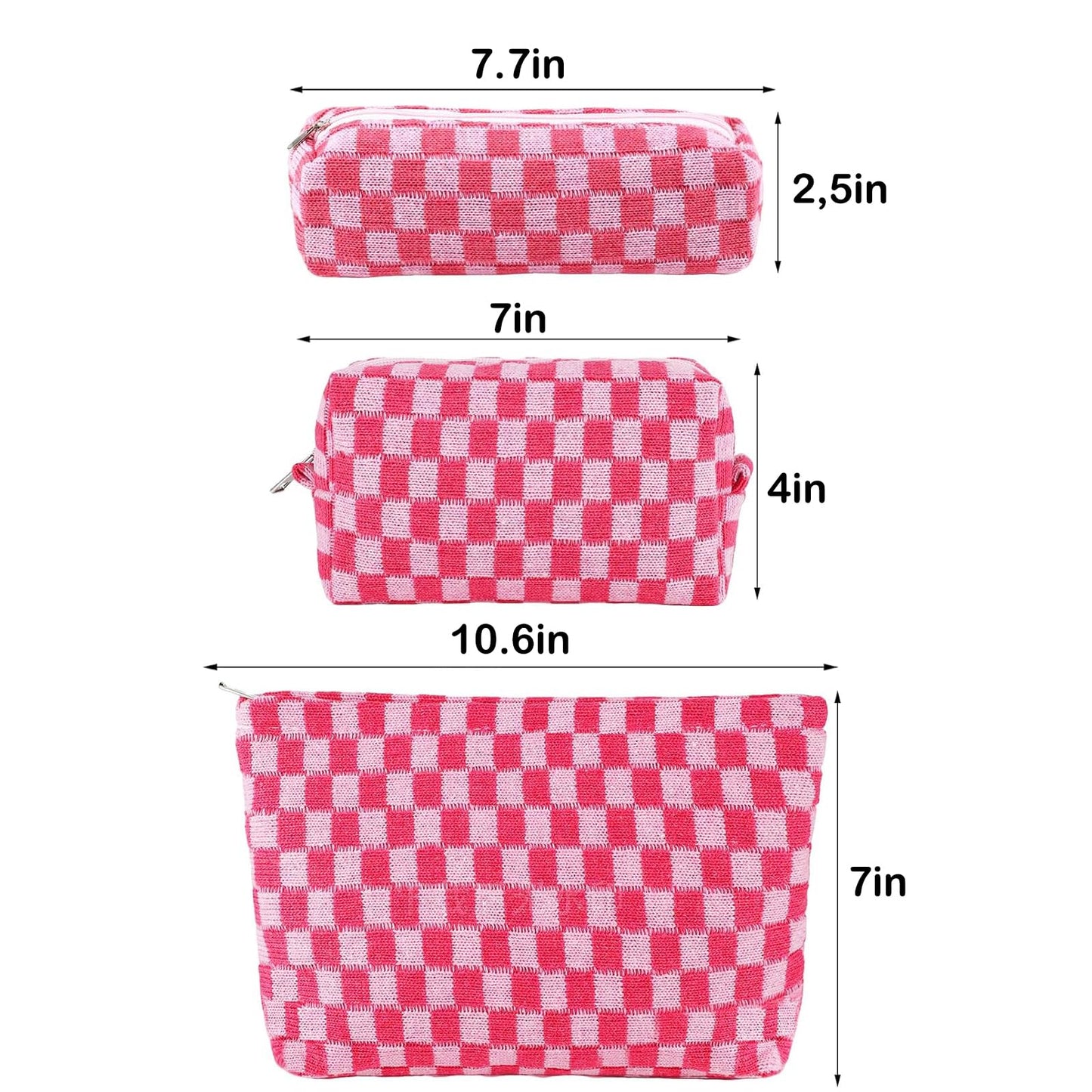 ZLFSRQ 3Pcs Makeup Bag Checkered Cosmetic Bag Set Travel Toiletry Bags for Purse Large Small Makeup Pouch for Women Cute Preppy Pencil Pouch Case Pink Zipper Skincare Bags