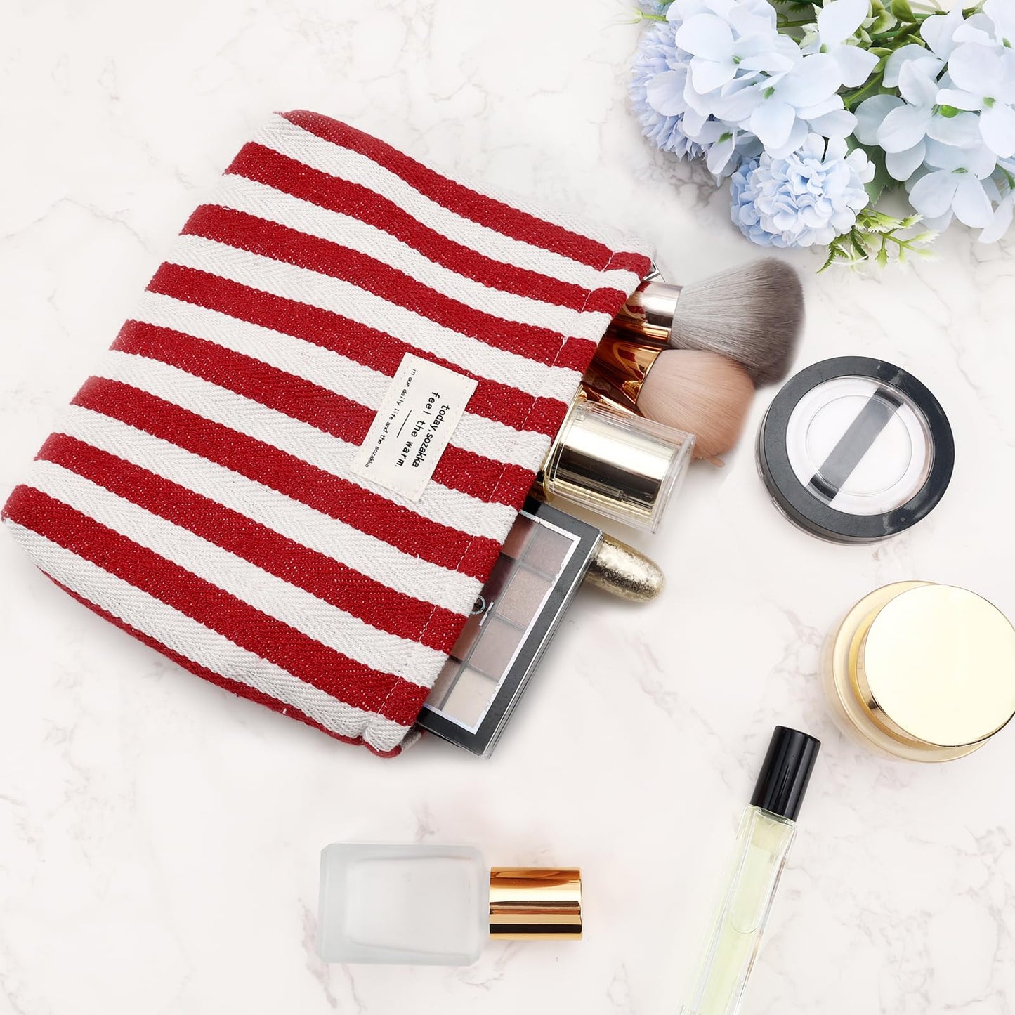 ZLFSRQ Striped Makeup Bag Large Canvas Travel Makeup Bag for Women Cosmetic Pouch Cute Red Striped Make Up Pouch for Purse Y2k Aesthetic Trendy Zippered Toiletry Bags Gift Skincare Storage Organizer