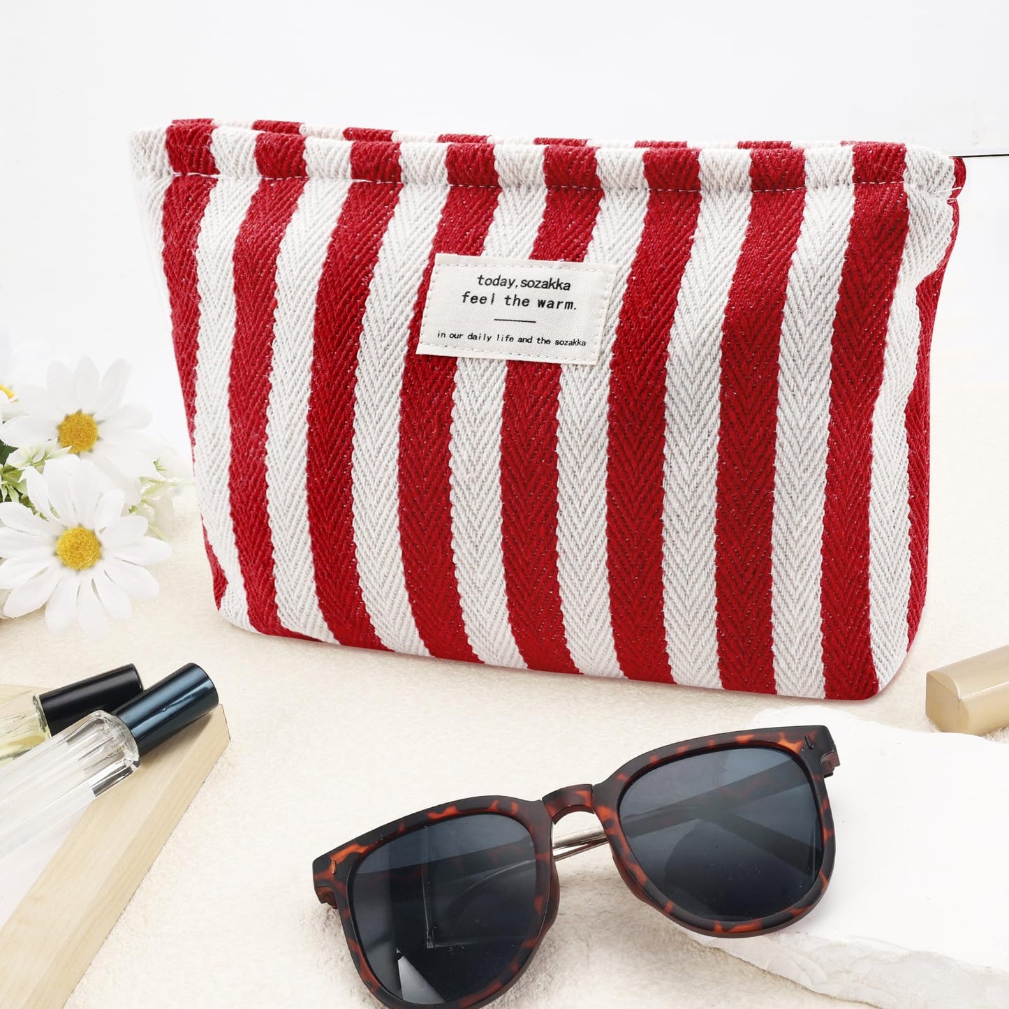 ZLFSRQ Striped Makeup Bag Large Canvas Travel Makeup Bag for Women Cosmetic Pouch Cute Red Striped Make Up Pouch for Purse Y2k Aesthetic Trendy Zippered Toiletry Bags Gift Skincare Storage Organizer