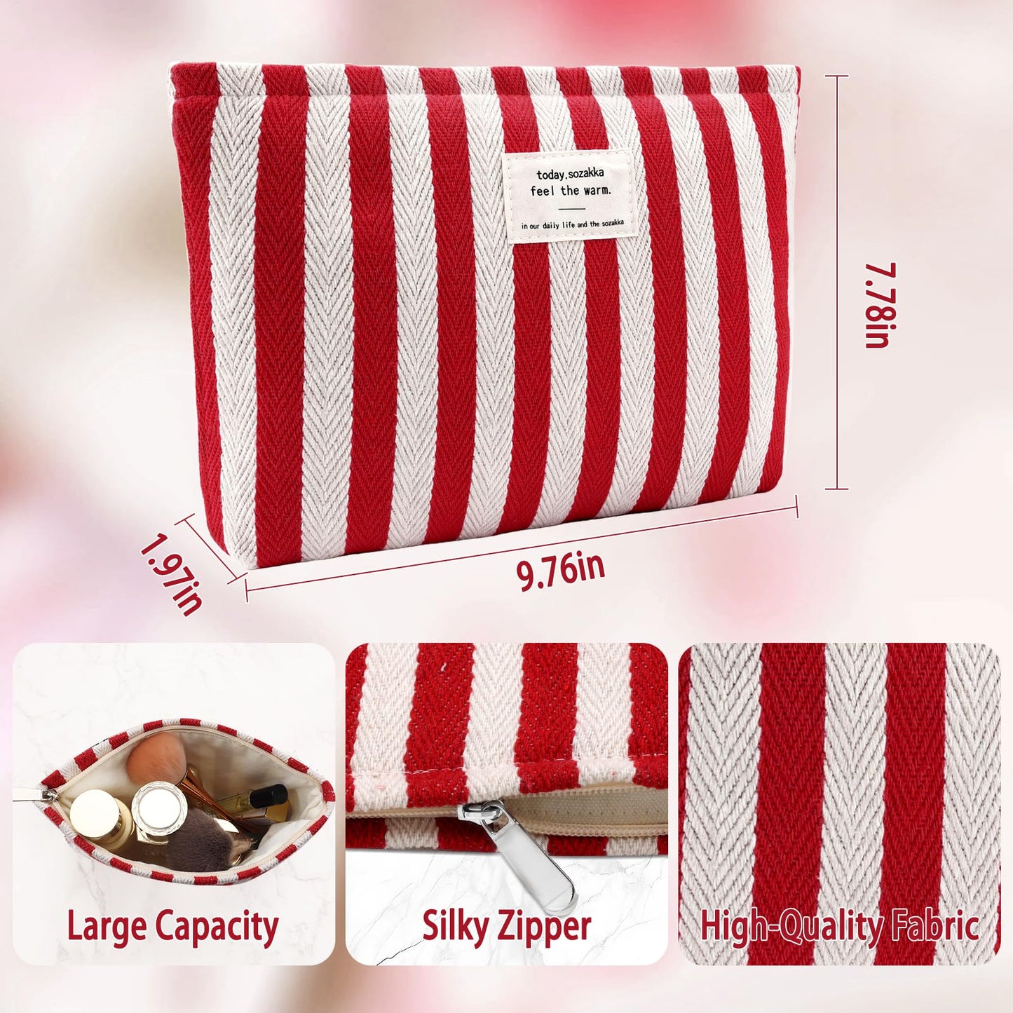 ZLFSRQ Striped Makeup Bag Large Canvas Travel Makeup Bag for Women Cosmetic Pouch Cute Red Striped Make Up Pouch for Purse Y2k Aesthetic Trendy Zippered Toiletry Bags Gift Skincare Storage Organizer
