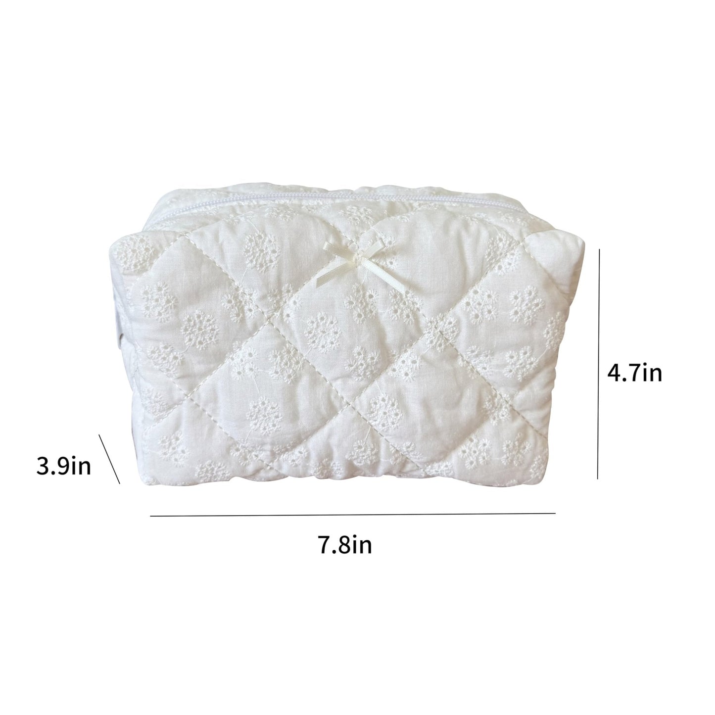 ZUNUONUO Cotton Quilted Makeup Bag Coquette Accessories Make up Bag Organizer Cute Floral Cosmetic Pouch Travel Makeup Bag for Women,Embroidery White